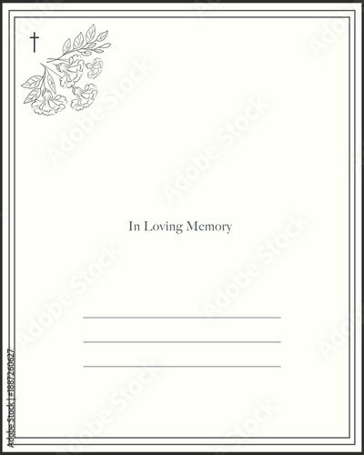 Funeral invitation card. Beige funeral card with line for text and church cross. In loving memory. 