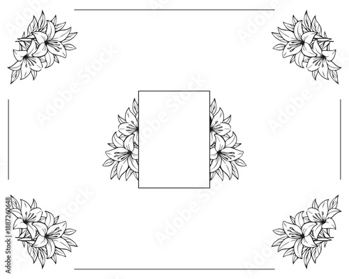 Funeral card with large photo frame and lilies.