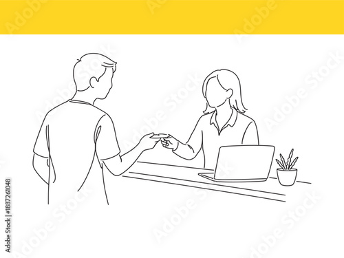 Customer and receptionist exchanging documents in office scene