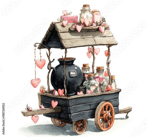 Enchanting Cart of Hearts: A whimsical watercolor illustration depicts a charming cart overflowing with love potions, heart-shaped decorations, and a cauldron, evoking feelings of romance and magic.