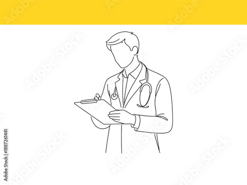 Illustration of a male doctor with a stethoscope reading a clipboard
