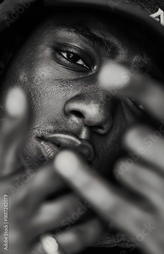 Intense Gaze: A captivating black and white portrait of a person making a gesture, capturing a mood of intrigue and depth.