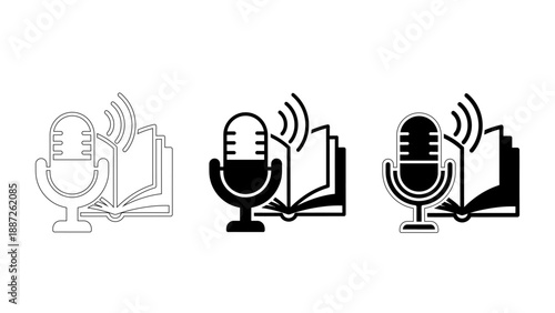 Audiobook and Podcast Icon : Microphone and Open Book Symbols for Digital Storytelling, Voiceover, Narration, and Online Education