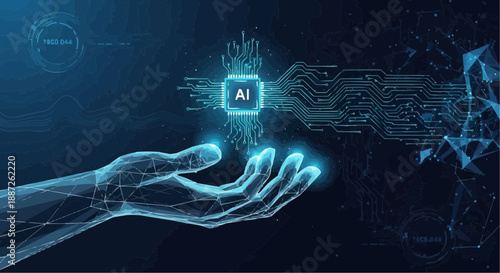 Glowing blue hand holds ai circuit symbol on dark background