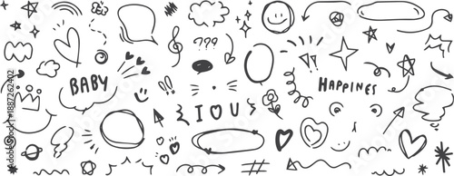 Set of cute pen line doodle element vector. Hand drawn doodle style collection of heart, speech bubble, word, cloud, arrow, star. Design for decoration, sticker, idol poster.