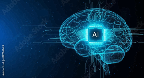 Glowing blue brain with ai circuit lines and futuristic technology