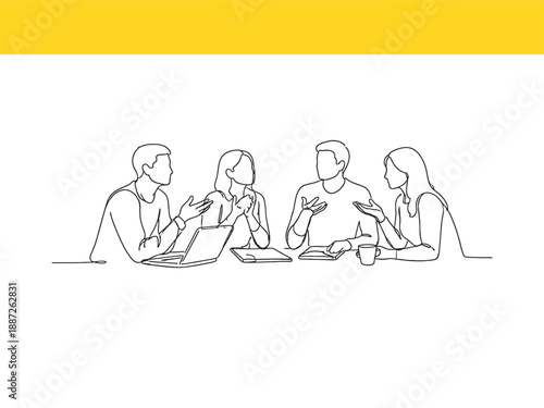 People sitting around table with laptop and coffee