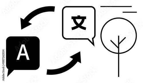Language translation, communication, global connectivity, education, localization, text exchange. Speech bubbles letters and symbols with directional arrows. Language translation and communication
