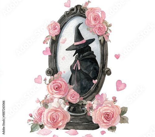 Mystery in the Mirror: A stylized artwork of a mysterious figure in a witch hat and cloak reflected in a decorative mirror, surrounded by pink roses and heart accents.