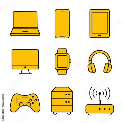 Yellow Technology Device Icon Set for Web and Mobile Interface