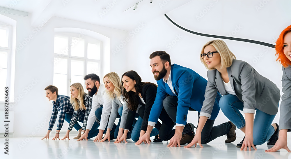 Fototapeta premium Diverse group of business professionals crouching at starting line ready to sprint forward in a bright office setting
