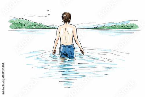 Marker sketch illustration of entering a natural lake slowly, water line at knees, calm body language, simple landscape lines, minimal marker shading, white background, no extreme cold