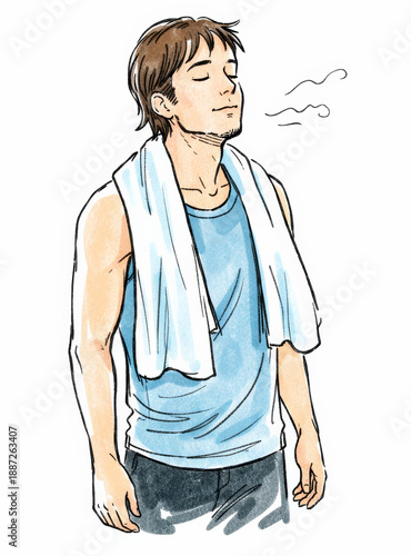 Marker sketch of post-activity cooling routine, person after light exercise, towel over shoulders, calm breathing posture, loose sketch style, white background