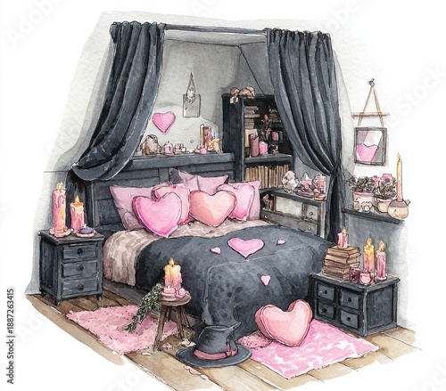 Cozy Bedroom of Romance: Intimate bedroom setting, decorated with pink heart pillows and candles, suggesting warmth and affection.