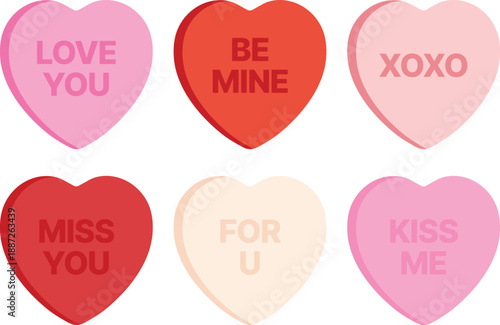 Cute hearts in the form of pink, red, and beige candies with love inscriptions. A romantic element for Valentine's Day, wedding, or love-themed designs.