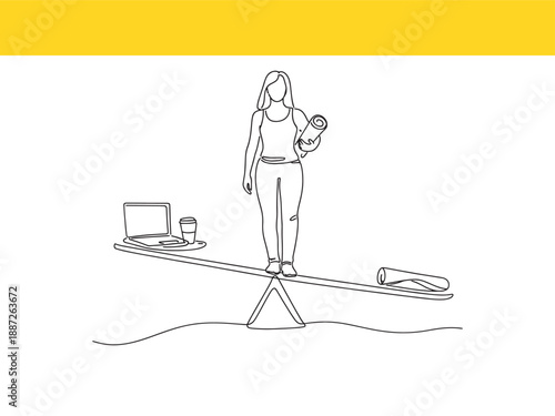 woman balancing work and fitness on a seesaw