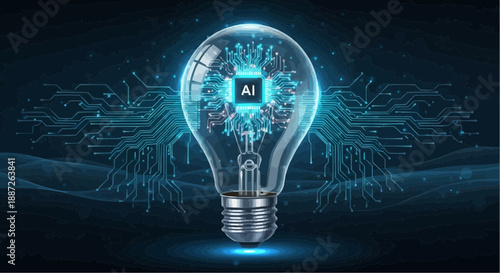 Glowing light bulb with ai circuit board inside technology concept