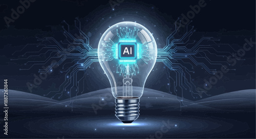 Glowing light bulb with ai symbol and circuit background
