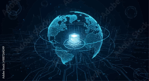 Glowing blue digital earth with circuit board background and futuristic
