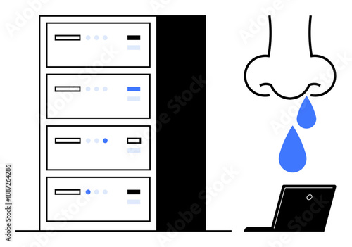 Data security, breaches, cybercrime, hacking, server safety, network protection. Server rack, a nose and water drops flowing into a laptop in a minimal illustration. Data security and breaches