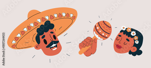 Vector illustration of Mexican man in sombrero and woman singing with maracas, music, celebration and cultural concept