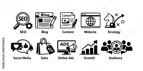 E-commerce icon set. featuring online shopping, checkout, shipping, payment, discount, order, tracking, and delivery. Perfect for web design, apps, and digital marketing use.