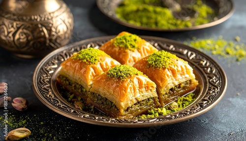 Delicious Baklava Pastries with Pistachios on Silver Plate.