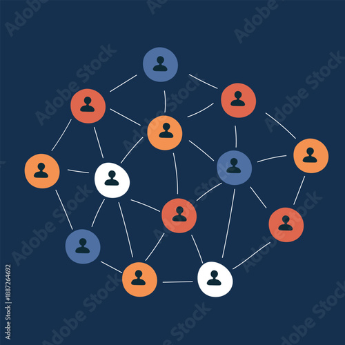Vector illustration of network diagram with connections between users and people, social communication and data interaction concept