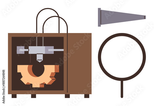 Additive manufacturing, 3D modeling, industrial design, prototyping, technology, engineering. 3D printer with gear design, nozzle and circular tool. Additive manufacturing and 3D modeling concept