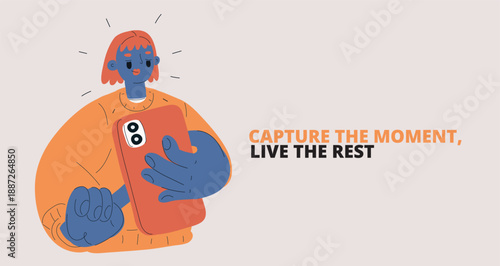 Vector illustration of woman taking photo with smartphone, photography, social media and digital concept