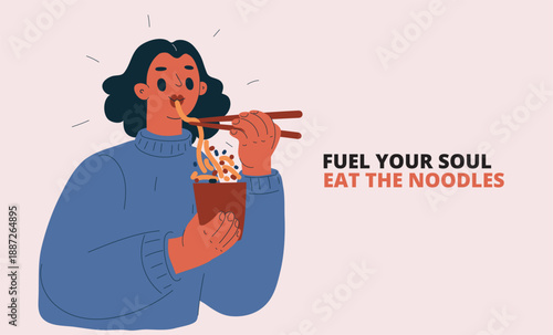 Vector illustration of woman eating wok noodles, food, meal and dining concept