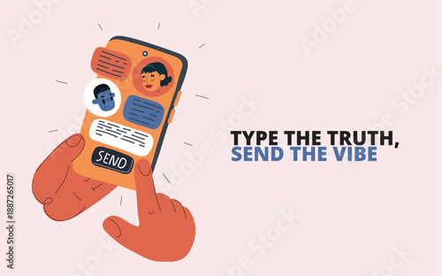 Vector illustration of hands holding smartphone with social media app, sending messages and posts, communication and online interaction concept