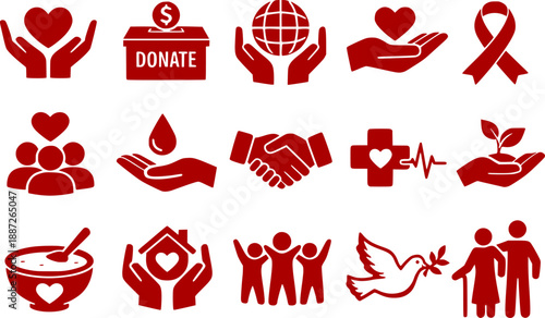 Charity and community icon set editable flat vector icons for donation, support, volunteering, healthcare, teamwork, wellbeing, and social care. Ideal for NGOs and humanitarian projects.