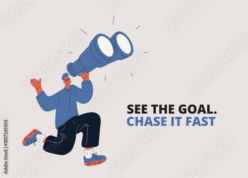 Vector illustration of man jumping with binoculars, exploration, adventure and discovery concept