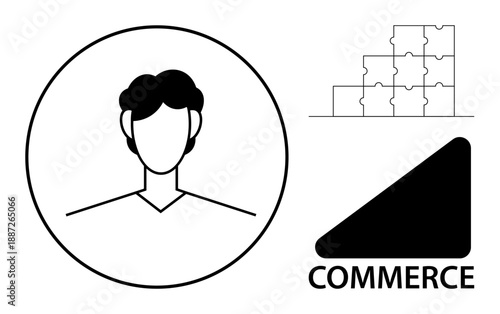 Business identity concept. Business identity ed by profile, puzzle pieces, and commerce symbol. Business identity for branding, strategy, collaboration, marketing, corporate growth