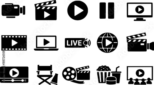 Video icon set. Containing camera, play, pause, media, online video, live, production, player, movie and cinema icons. perfect flat icon collection.

