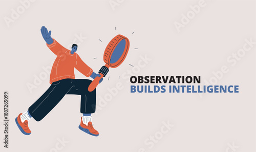 Vector illustration of man holding magnifying glass, investigation, research and analysis concept