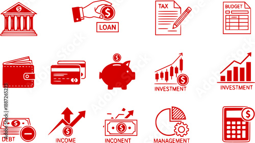 Personal finance icon set. featuring bank, loan, tax, budget, wallet, credit card, savings, investment, debt, income, financial management and more. perfect for Vector icon collection.
