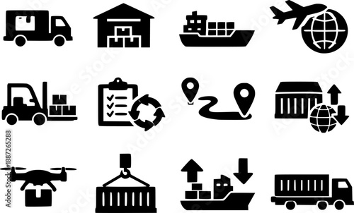 Logistics icon set. featuring delivery, distribution, shipping, transportation, cargo, freight, route planning, supply chain, drone delivery, export, import and more. perfect vector icon collection