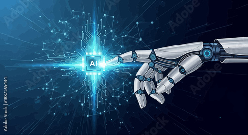 Robotic hand touches ai symbol with blue circuits background