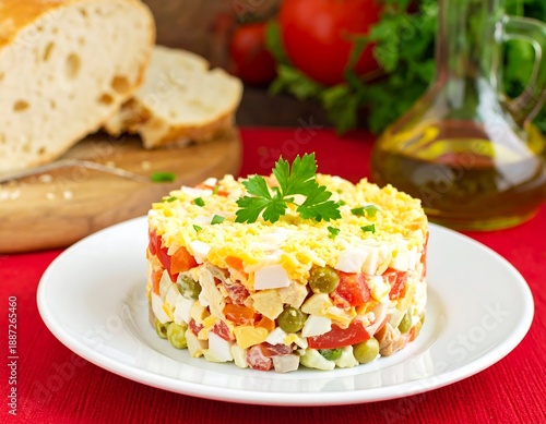Festive Olivier Salad Presentation with Fresh Parsley Garnish.