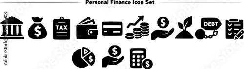 Personal finance icon set. featuring bank, loan, tax, budget, wallet, credit card, savings, investment, debt, income, financial management and more. perfect for Vector icon collection.