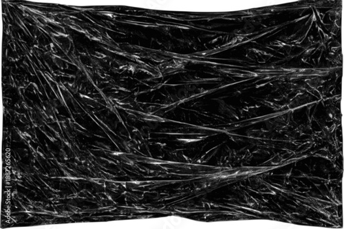 plastic overlay texture of realistic crumpled black plastic film wrap on black background wrinkled stretched plastic effect. vector
