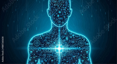 Futuristic human body composed of circuitry and code glowing blue