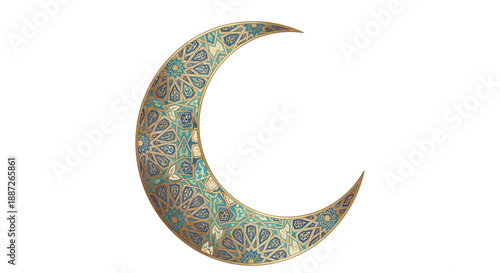 Intricately designed crescent moon with blue and gold patterns