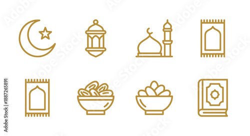 Golden icons representing Ramadan and Islamic culture symbols