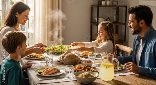 Happy nuclear family enjoys serving and sharing a healthy, home-cooked meal at the dining table