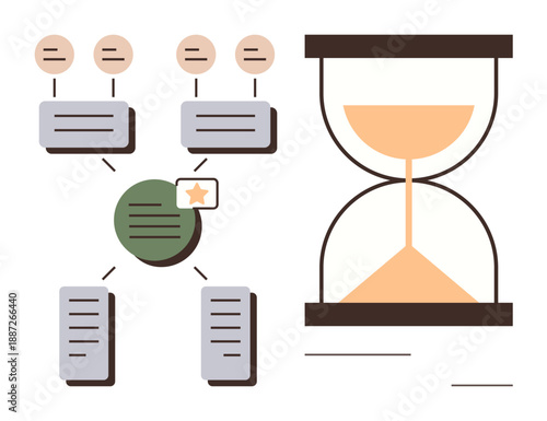 Productivity, project management, efficiency, deadlines, task assignment, data visualization. Hourglass with flowing sand next to interconnected data boxes. Time management and productivity concept