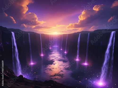 Surreal Purple Waterfalls Cascade into a Glowing Abyss under a Dramatic Sunset sky