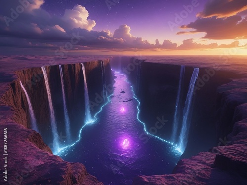 Surreal Purple Waterfalls Cascade into a Glowing Abyss under a Dramatic Sunset sky
